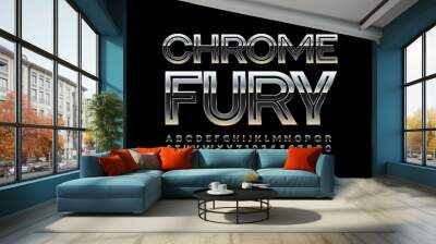 Vector modern sign Chrome Fury. Industrial Metallic Font. Iron creative Alphabet Letters and Numbers Wall mural