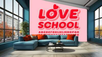 Vector sign Love School with decorative Heart. 3D Red Font. Bright Alphabet Letters and Numbers Wall mural