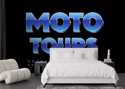 Vector stylish banner Moto Tours. Modern 3D Font. Blue and Metal Alphabet Letters and Numbers set Wall mural