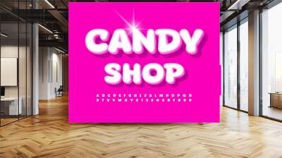 Vector sweet sign Candy Shop. White and Pink 3D Font. Creative Alphabet Letters and Numbers. Wall mural