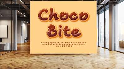 Vector tasty label Choco Bite. Chocolate glazed Alphabet Letters and Numbers set. Sweet Cake Font.  Wall mural