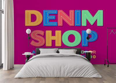 Vector trendy emblem Denim Shop. Colorful Jeans Font. Creative textile Alphabet Letters and Numbers set Wall mural