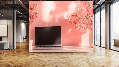 Laptop  Pink Flowers  White Vases  Minimalist Workspace Wall mural