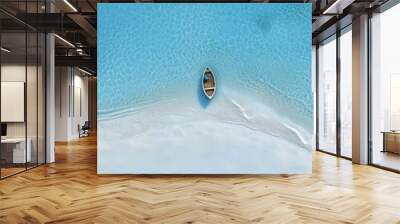 A boat crossing a light blue beach, cinematic composition, white space Wall mural