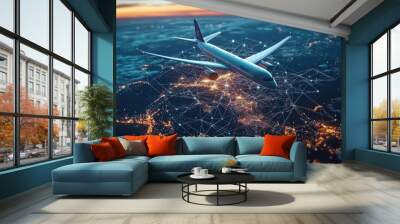 Aerial view of an airplane flying over a connected global network Wall mural