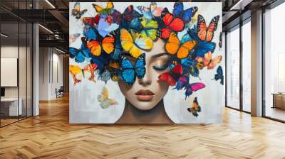 beautiful woman with butterflies flying on her head, colorful oil painting style Wall mural