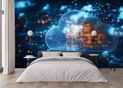 Cloud computing. The data transfer and storage concept has a cloud in the middle connected to a white polygon inside Wall mural