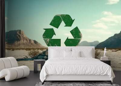 green recycling symbol stands proudly against a stark desert backdrop Wall mural