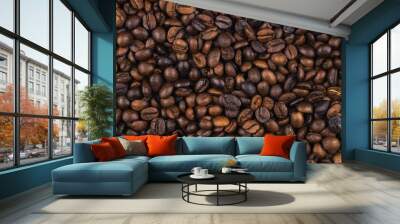 Close-up and top view of roasted Thai coffee beans texture background. Wall mural