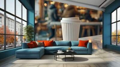 A paper coffee cup with a white lid sits on a marble table in a cafe. There are people sitting at tables in the background. Wall mural