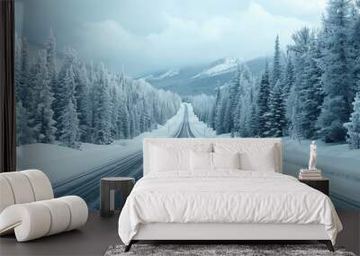 A winter highway scene with snowcovered trees and icy roads Wall mural