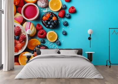 Capture a high-angle view of a gourmet dessert spread with vibrant colors and intricate details, ideal for a food magazine advertisement, using digital techniques Wall mural