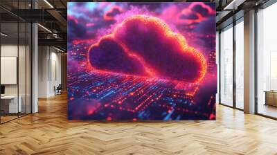 Cloud network diagram in vibrant retro 80s style, glowing neon circuits and pixelated data points, bold digital pathways, vintage tech elements with bright colors Wall mural