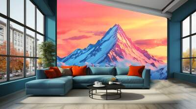 Illustrate a high-angle view of a serene snowy mountain peak at sunrise Wall mural