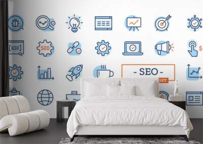 Search engine optimization icons. Vector modern signs design with symbol of SEO analysis, settings, ranking, statistics for website. Wall mural