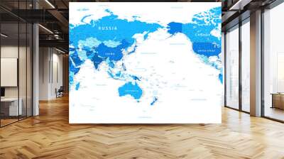 World Map - Pacific China Asia Centered View - Blue Color Political - Vector Layered Detailed Illustration Wall mural