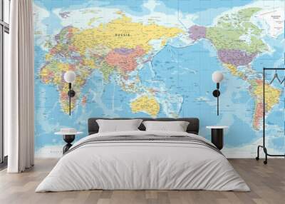 World Map - Pacific View - Asia China Center - Political Topographic -  Detailed Illustration Wall mural