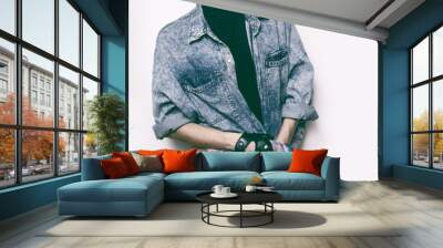 blue denim shirt. stylish trend makeup black lips glamorous fash Wall mural