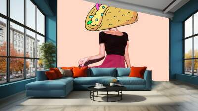 Contemporary art  collage. Lady Tacos. Funny Fast food minimal project Wall mural