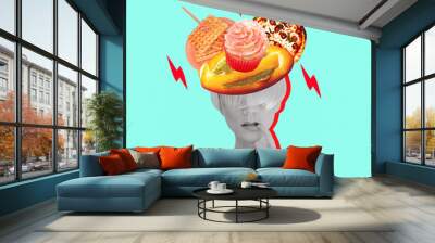 Contemporary digital collage art. Lady and calory food. Diet, calorie, food addiction concept Wall mural