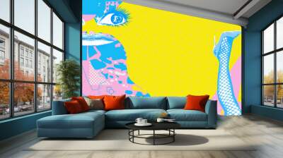 Contemporary digital collage art. Modern trippy design. Funny absurd face, woman legs and abstract creative background Wall mural