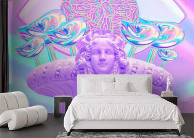 Contemporary minimal collage art. Antique statue in hallucinations holography mushrooms space. Back in 80, 90s party vibes. Retro Zine and vapor wave stylish design Wall mural