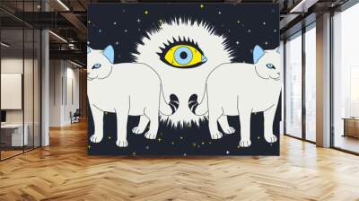 Fashion minimal illustration art. Cat in dark cosmic magic space. Creative trippy design Wall mural