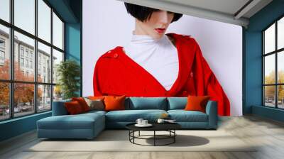 Glamorous Lady in fashionable Red vintage coat on a white backgr Wall mural