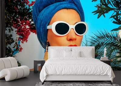 Glamorous Lady. African Style. Fashion accessories headscarf earrings sunglasses Wall mural