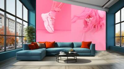 Set of trendy aesthetic photo collages. Minimalistic images of one top color. Pink moodboard Wall mural