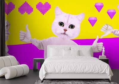 Stylish minimal collage banner scene. Funny Cats character like and .dislike.  Social networks, promotion concept. Wall mural