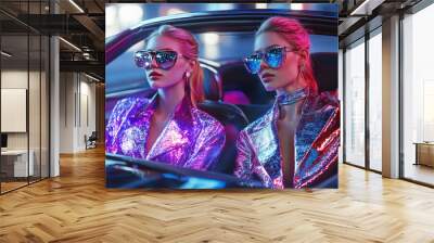 Two fashion model in disco style in the car Wall mural