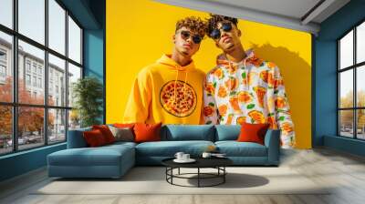 Two guys in trendy pizza print hoodie Wall mural