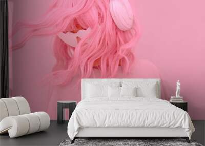 Vanilla Pink Dj Girl. Monochrome Party style. Stylish headphones, music lover concept Wall mural