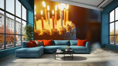 A birthday cake with lit candles, symbolizing celebration and joy.  The warm glow of the candles creates a festive atmosphere. Wall mural