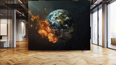 A burning Earth in space, a dramatic image of environmental disaster and climate change. Wall mural