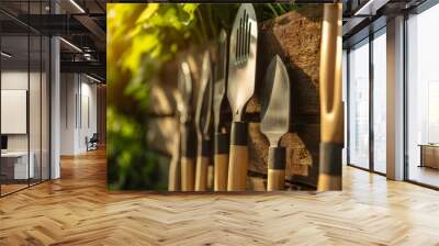 A collection of gardening tools hang on a brick wall with green foliage in the background.  The warm sunlight casts a glow on the scene. Wall mural