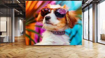 A cool puppy wearing sunglasses in front of a colorful background. Wall mural