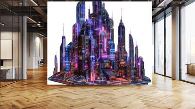 A futuristic cityscape with towering neon-lit buildings and intricate details. Wall mural