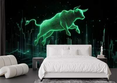 A green, digital bull leaps over a cityscape, representing financial growth and investment. Wall mural