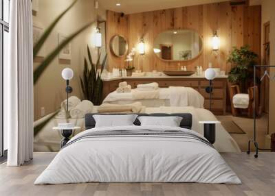 A luxurious spa room with two massage tables, wooden accents, and natural light. Wall mural