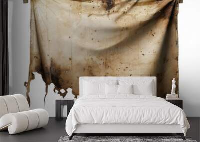 A tattered, dirty, and aged cloth banner hangs on a wooden frame. The fabric is torn and stained with dirt and grime. Wall mural