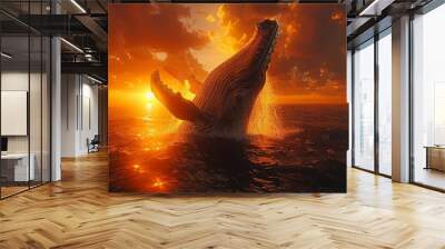 A whale jumping out of the water at sunset Wall mural