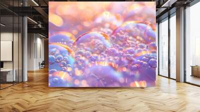 Abstract close-up of colorful iridescent bubbles with soft light.  Photographic abstract background. Wall mural