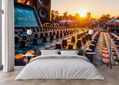 An audio mixing console at a live concert event glows with vibrant controls as the sun sets in the background.
 Wall mural