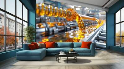 an industrial machine with yellow liquid flowing through a clear tube into a larger container. Wall mural