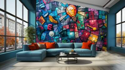 Craft a digital mosaic of diverse symbols such as a palette, camera, music note, and brainstorm lightbulb representing creativity icons Wall mural