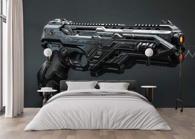 Design the firearm with black color scratched metal for a rugged yet futuristic appearance adding to its authenticity and uniqueness Wall mural