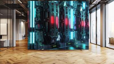 Futuristic city wall with glowing neon lights and intricate metallic details. Wall mural