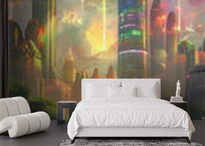 Oceanic Haven, floating metropolis, hydroponic towers, algae bioreactors rainbow after the rain Wall mural